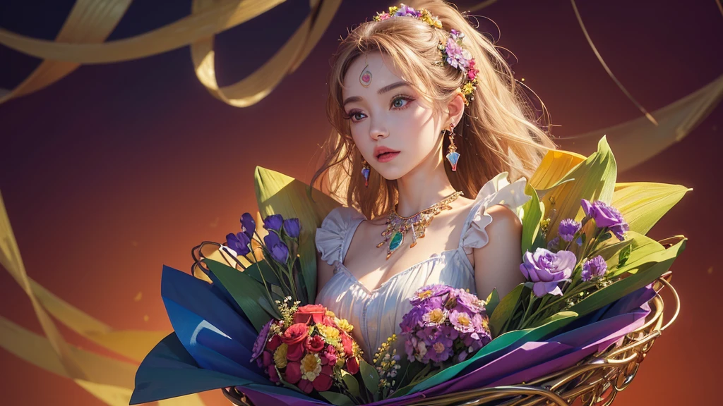 32K, 最高quality, 最高masterpiece, (ultra-Detailed Background, Detailed Background), High resolution, Super detailed, Very detailedな, One girl, (bouquet:1.3), (Tangled:1.2), (Geometric:1.2),(colorful),(masterpiece, quality, best quality, Official Art, Beautiful and beautiful:1.2), (1 girl:1.3), Very detailed,(colorful:1.1)(Flowers:1.3),Most detailed,(Tangled:1.2), whole body, (Abstract background:1.3), (Skin glows), (Many colors:1.4), ,(Earrings Jewelry:1.5), Pale Red Background,
