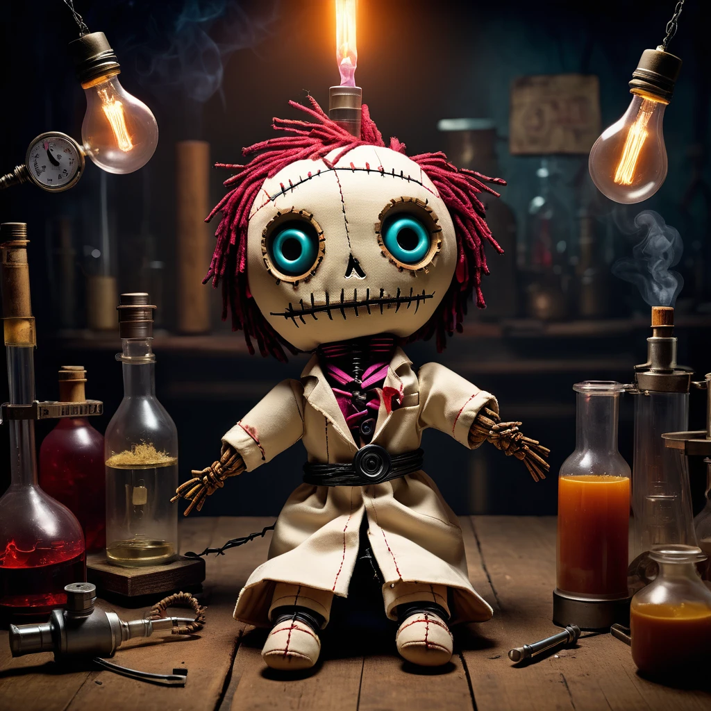 (knitted toy voodoo doll:1.9), (Voodoo Doll in a Dark Laboratory:1.5), (Clothing: tattered lab coat with dark stains:1.0), (Accessories: enchanted beaker emitting a sinister smoke, floating arcane devices:1.2), (background: abandoned laboratory with broken equipment and flickering lights:1.2), best quality, masterpiece, detailed soft oil painting, detailed background, dramatic cinematic lighting, soft edge lighting, professional, dramatic lighting, hard edge lighting, ultra quality, 4k, masterpiece, best quality, 8k, ultra high definition, high resolution, extremely detailed