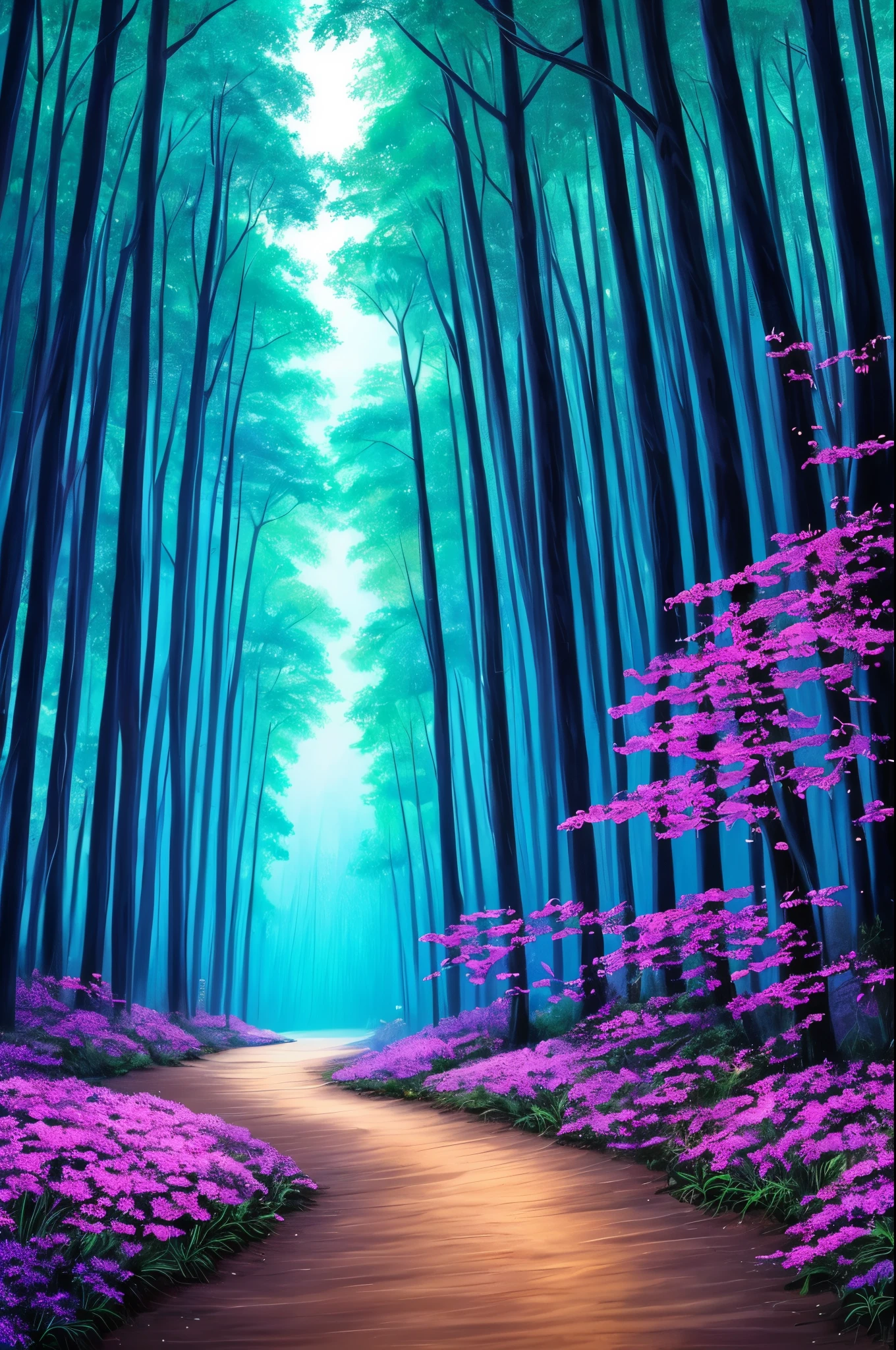 painting of a path in a forest with purple flowers, glowing forest, beautiful lush colors, forest colors, dark neon colored rainforest, magical colors and atmosphere, magical colours and atmosphere, really beautiful forest, magical forest, magical forest in the background, incredible colors, bioluminescent forest floor, amazing colors, neon lights lots of trees, blue forest, magic forest