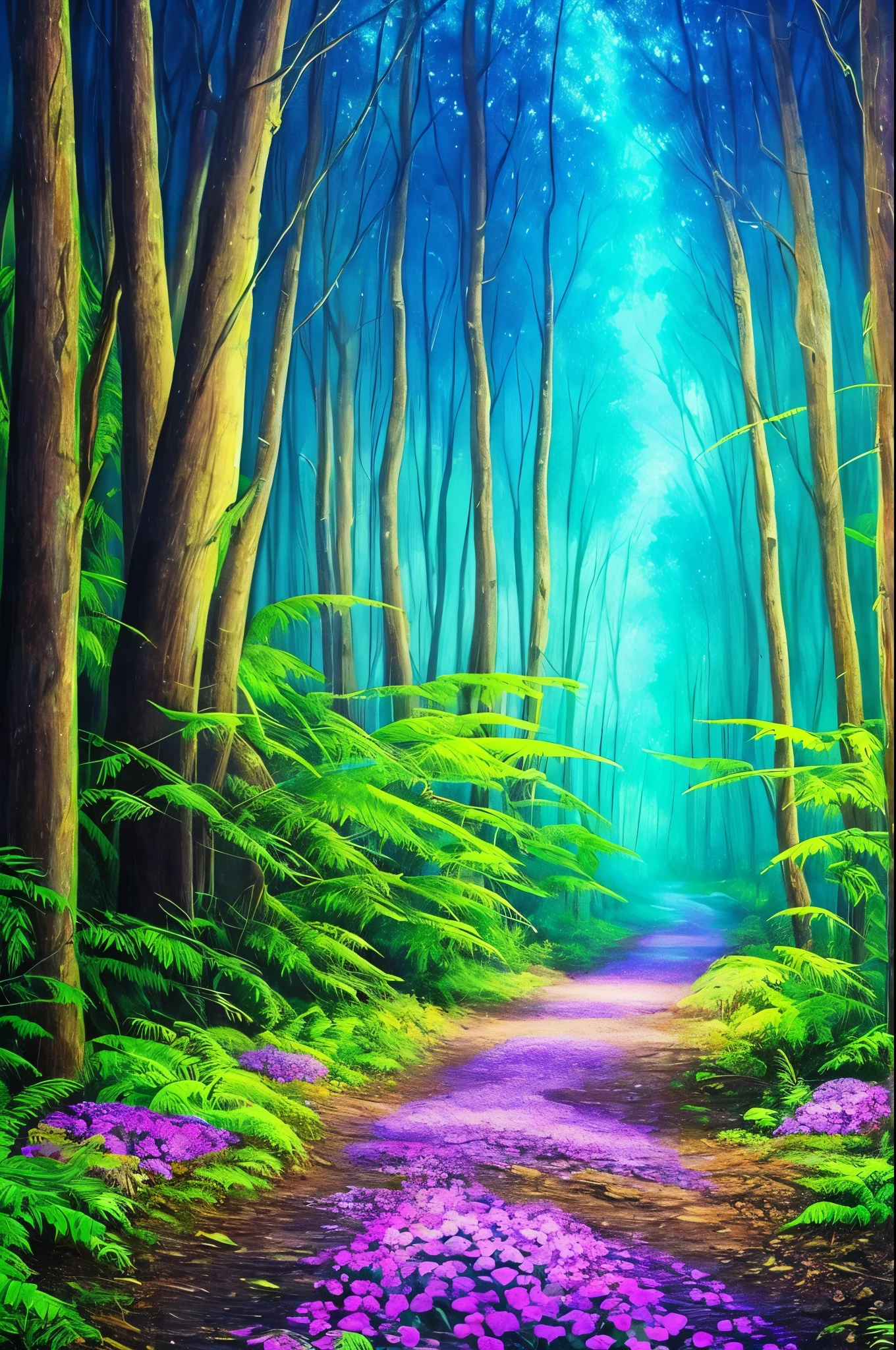 painting of a path in a forest with purple flowers, glowing forest, beautiful lush colors, forest colors, dark neon colored rainforest, magical colors and atmosphere, magical colours and atmosphere, really beautiful forest, magical forest, magical forest in the background, incredible colors, bioluminescent forest floor, amazing colors, neon lights lots of trees, blue forest, magic forest