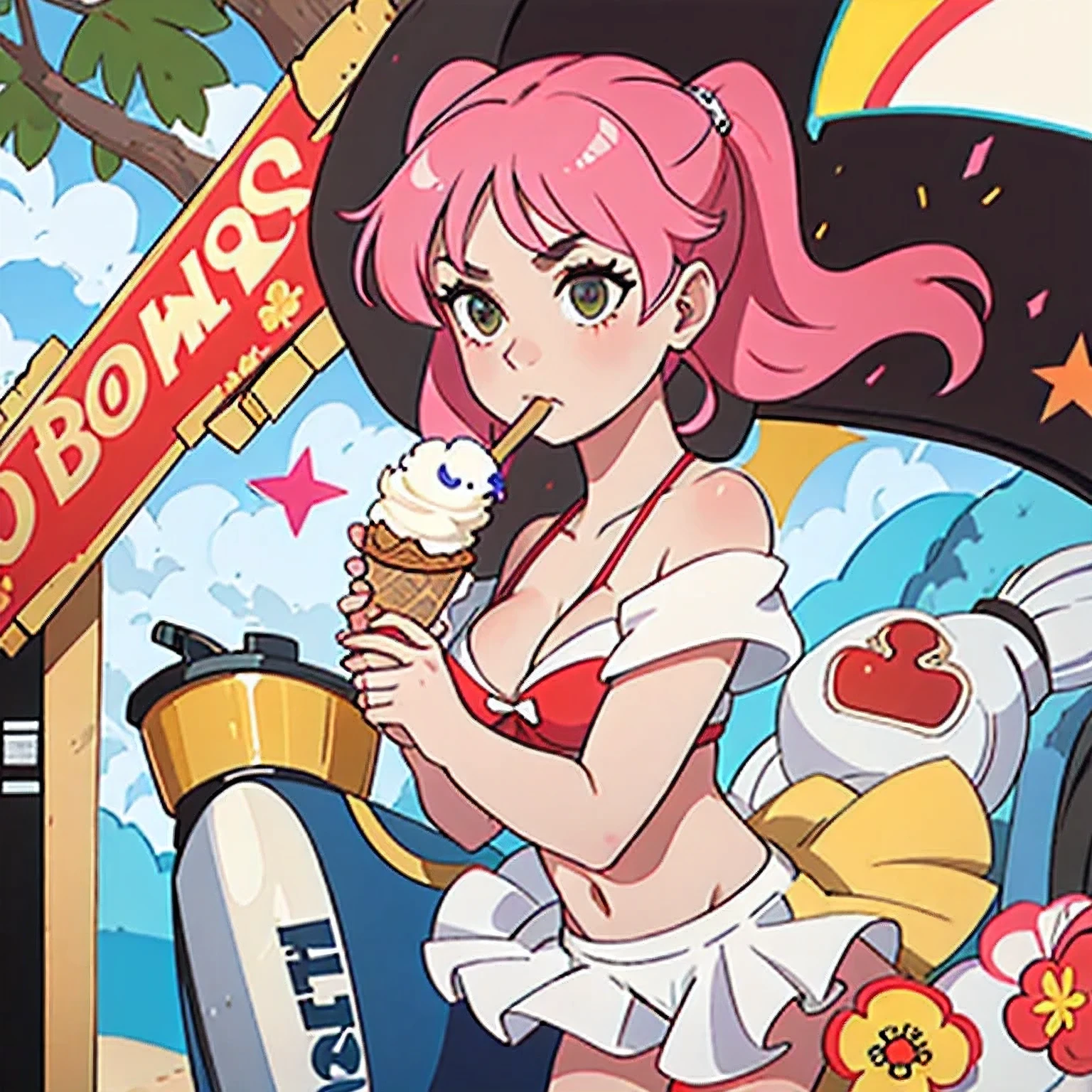 girl in a bikini eating an ice cream cone, eating ice cream, in a bikini, angela white, giorgia meloni, katy perry, in bikini, eating ice - cream, wearing spandex bikini, ice cream on the side, bikini, ice cream, wearing a bikini, candid photo of dirty, shiny plastic bikini, candid shot, cone, 1 girl, solo,in a green dress standing by a wall,portrait of female idol