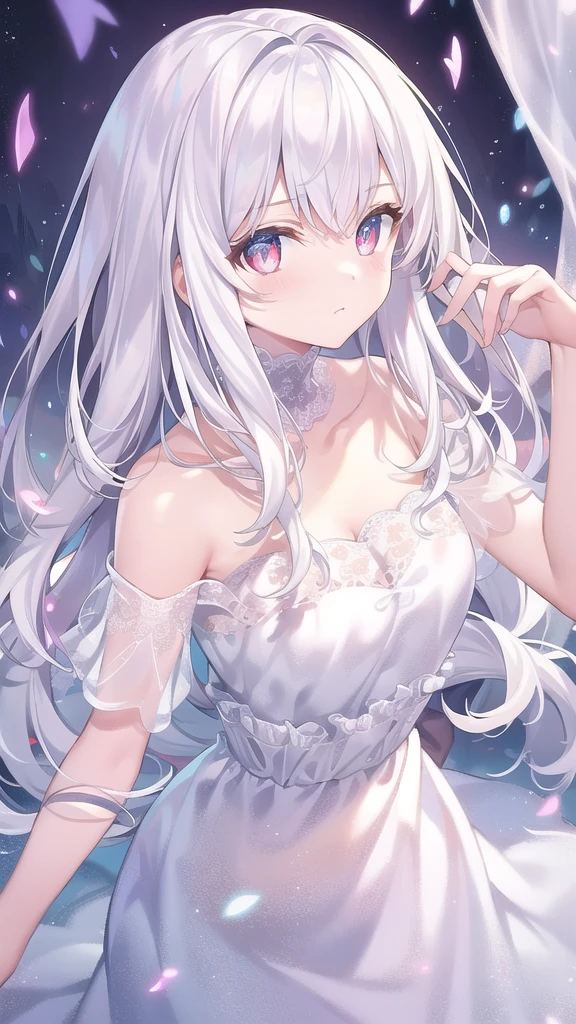 ((masterpiece, best quality))++, Detailed lighting+, Detailed hair+, Detail hand+ ,1 girl, Miss, Long hair, Crimson eyes, beautiful eyes, young white hair,,(Beautiful white hair:1.5),(Beautiful and delicate eyes), high resolution+,glass tint, Reflective eyes, {{angle}} , Very detailed wallpaper, The original, Air bangs,Extremely beautiful CG,black worksuit,Firefly,Galaxy,Shattered like a mirroghting,Galaxy