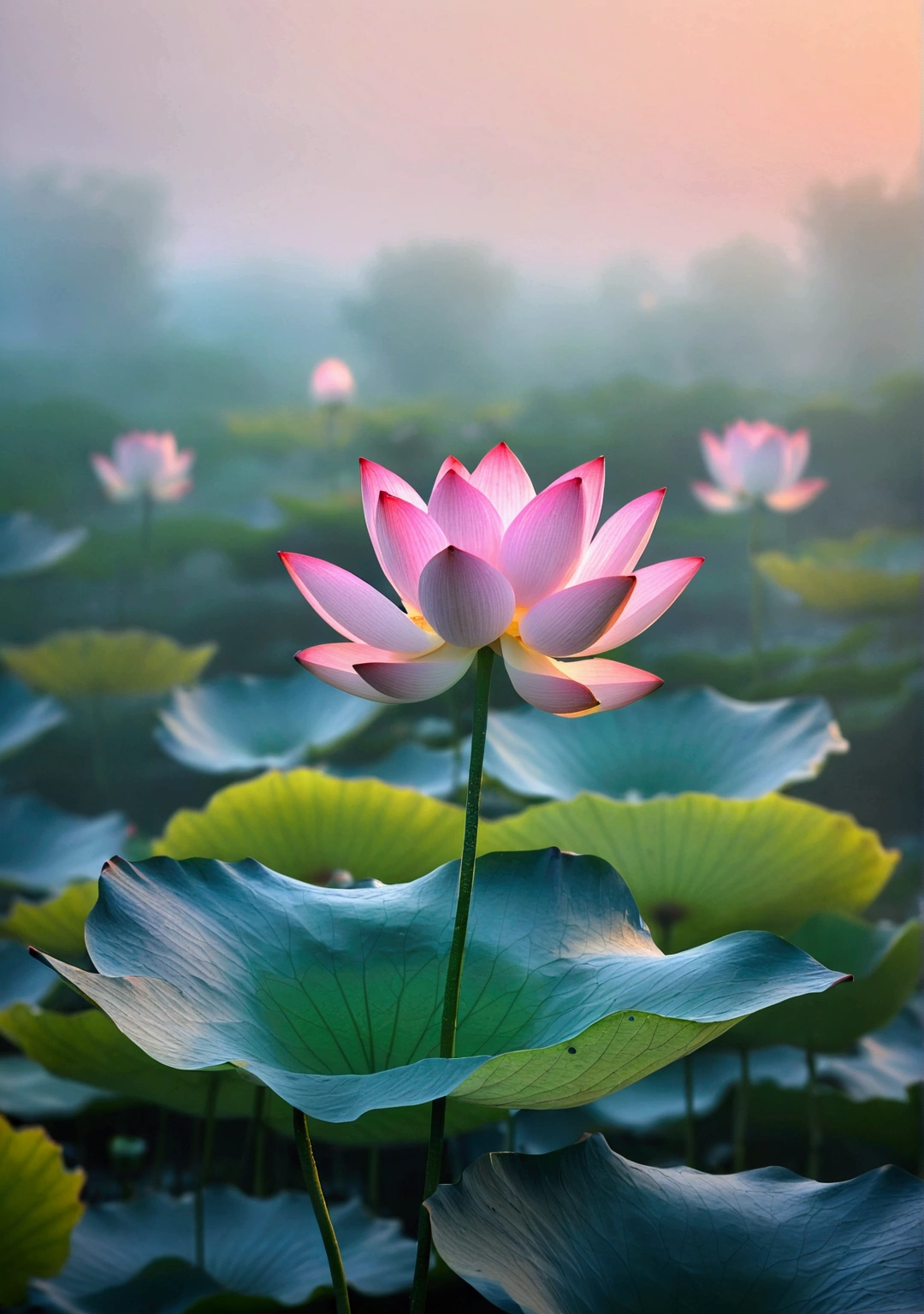 A very beautiful lotus close-up，Background is sunset and fog，Background blur，Real photography,Fresh and natural picture，best quality, high resolution
