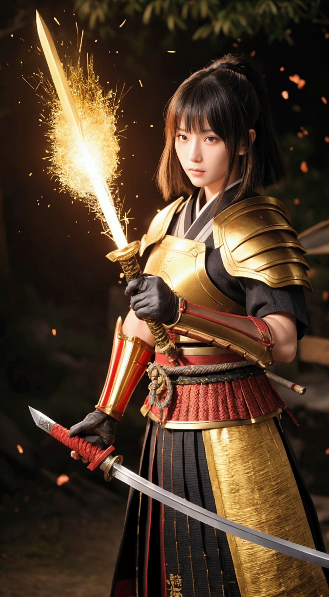 Highest quality、High resolution、Very detailed、Detailed Background、Beautiful 27 year old woman、Warrior、dragon tattoo on arm、Japanese swordMeiji Masamune、(Blade length: 2 feet 4 inches、Handle length: 25cm、This part is woven with red and black threads...、The swallow is golden)、Japanese sword、Sharp eyes、enemy'Blood is flowing to my cheeks、In the woods、Armor and helmet from the Sengoku period in Japan、(Takeda Shingen)(Red and gold armor)、blonde、short hair、Realistic Face、Swing your sword down、Delicate eyes、Laugh a little、Like a fight scene in a live-action movie、More realistic battle scenes、On the cheeks、enemyWarriorの返り血、Burning castle in the background、Sparks fly、Japanese sword(Meiji Masamune)Hold with both hands、Sword Drawing Technique(Japanese sword、Muramasa Sword)、鎧を着たWarrior、