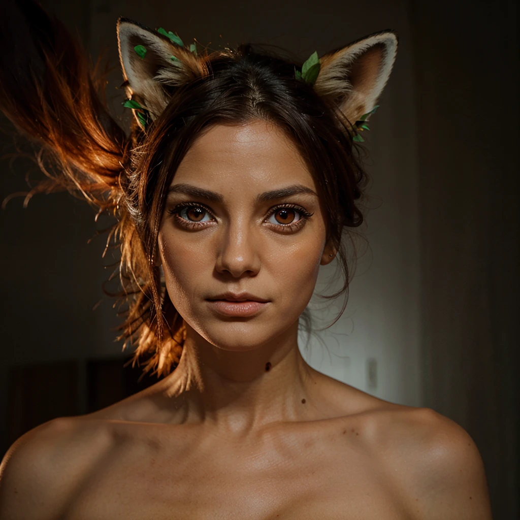 The head is a fox. human body Has frightening red eyes