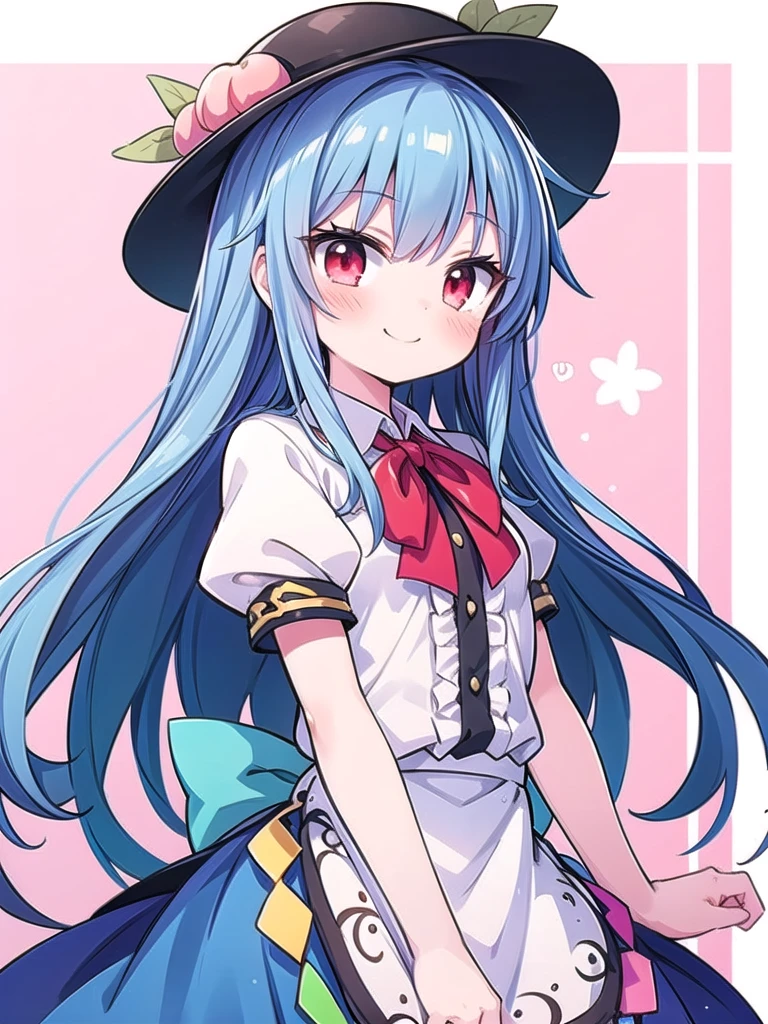 1girl, masterpiece, best quality, perfect hands, hinanawi tenshi, hat, black hat, puffy short sleeves, smile, very long hair, blush, peach, blue hair, long hair, red eyes, bow, short sleeves, shirt, skirt, frills, frilled dress, red ribbon