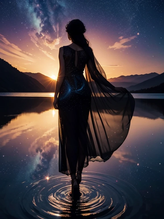 (The woman's body is so transparent that you can see through to the other side), shadow art, fusion art, silhouette art, masterpiece, woman's shadow reflected on transparent dress, evening sunset, bright starry sky, light leaks, Sunset reflected on the water surface, scene of a sunset with stars and planets, Waveless lake, floating, Aurora, nebula, expansive landscape photography, 