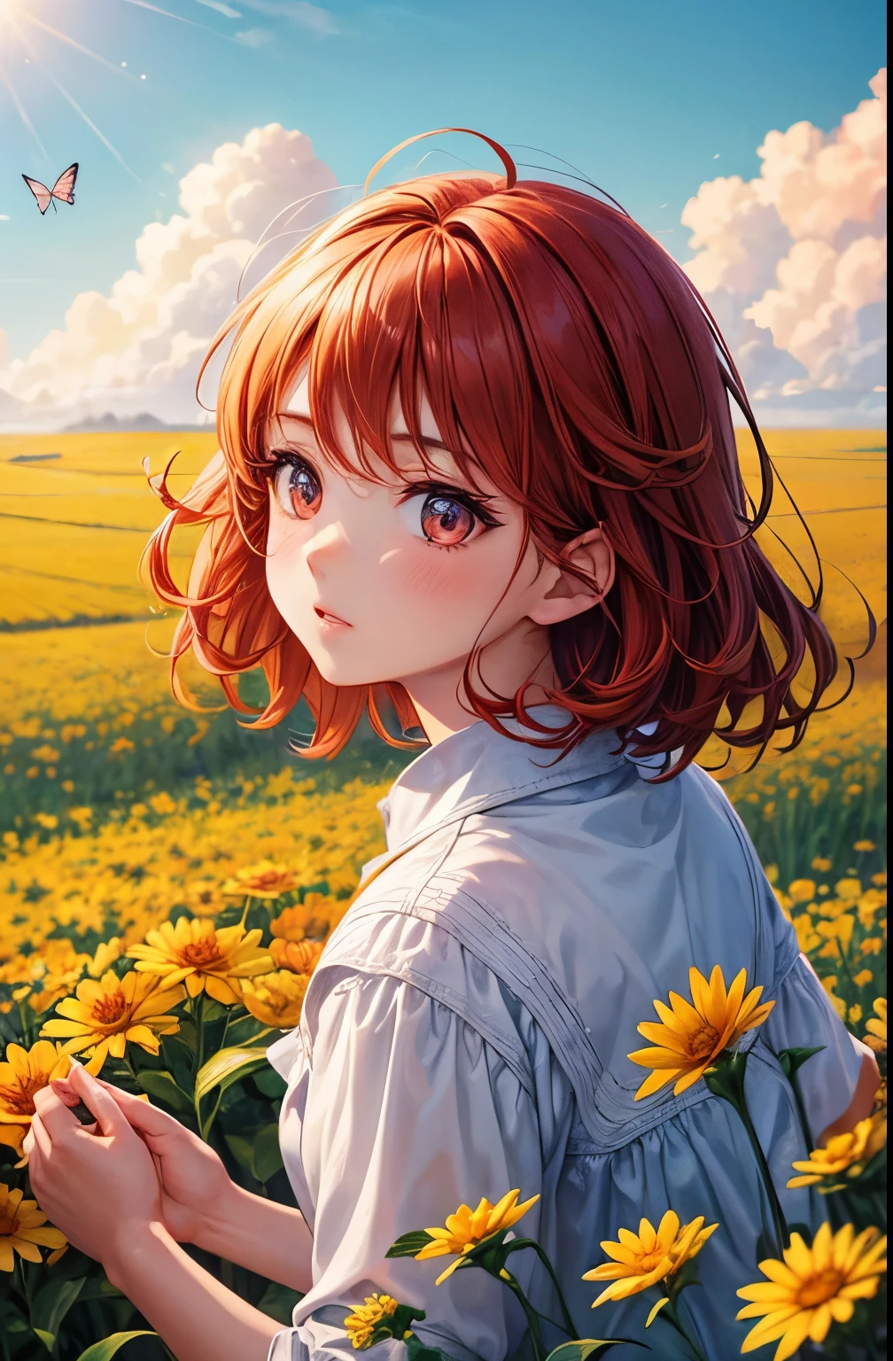 Girl 1,flowers,field,soft tones,A Bright Personality,ultra detail,fiery hair color,bright eyes,Looks at the Sky,Around the Butterfly,animals,Good,Pleasant atmosphere,high quality,scale,wallpaper,4k