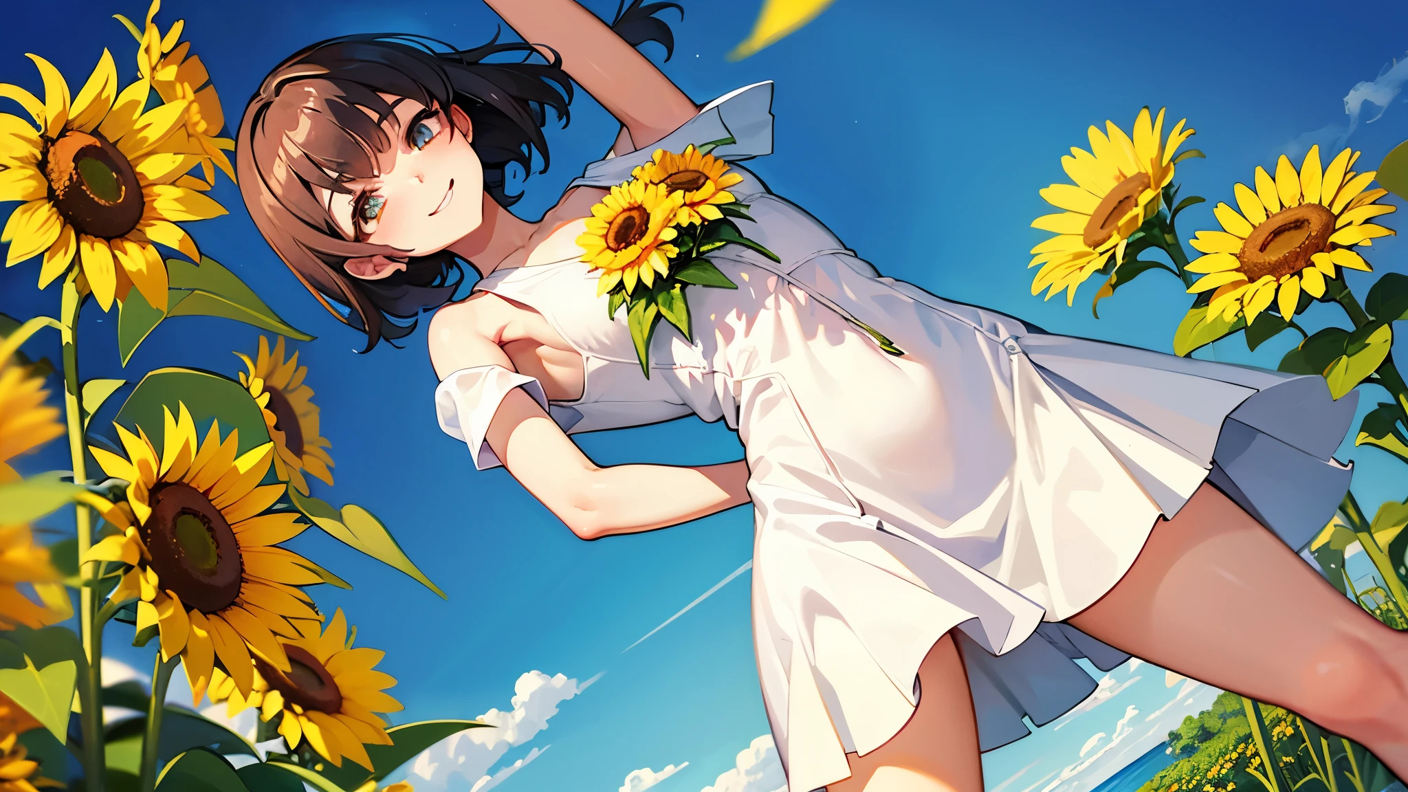  master piece, best quality, for below, cinematic angle, upper body , pigeon toed,  
Anime-style Moe illustration, summer vacation theme, 20-year-old woman holding a bouquet of sunflowers, short hair, summer dress, slightly inner thighs, smile, accurate drawing