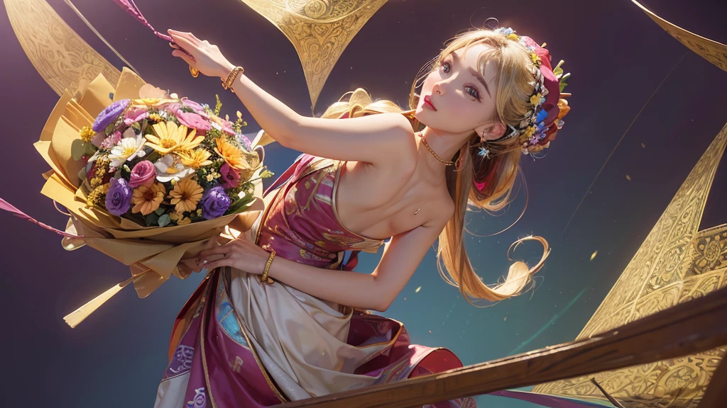 32K, 最高quality, 最高masterpiece, (ultra-Detailed Background, Detailed Background), High resolution, Super detailed, Very detailedな, One girl, (bouquet:1.3), (Tangled:1.2), (Geometric:1.2),(colorful),(masterpiece, quality, best quality, Official Art, Beautiful and beautiful:1.2), (1 girl:1.3), Very detailed,(colorful:1.1)(Flowers:1.3),Most detailed,(Tangled:1.2), whole body, (Abstract background:1.3), (Skin glows), (Many colors:1.4), ,(Earrings Jewelry:1.5), Pale Red Background,