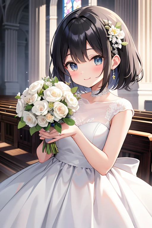 {{{masterpiece}}}, {{{Highest quality}}}, {{Very detailed}}, {Browsing Caution}, {{Very delicate and beautiful、 Beautiful and beautiful eyes}},Black Hair、Medium Hair、Small Curve 1.2、cute 、Wedding dress、Church Background、holding a bouquet of flowers in both hands、smile、、blush、Please keep your mouth shut、、Movie angle:1.5、