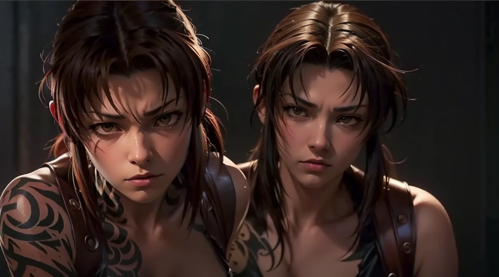 Revy from black lagoon, nude, neon lights, The artwork is rendered in an edgy and realistic style, with high attention to detail and sharp focus. The colors are vivid and contrasted, with a slight desaturation to create a moody atmosphere. shadowy highlights enhancing the overall composition. The medium used is a digital illustration, with a touch of photo-realistic elements to add depth and texture to the image. The final result is a masterpiece in ultra-high resolution,
