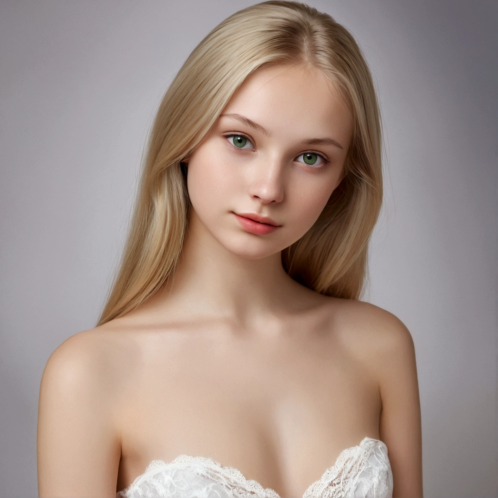 hyperrealistic, 18-year-old girl, Russian, blonde, green-grey eyes, transparente white skin, small lips, round nose, thin face. realistic, long legs, sexy photo, bare shoulder, sexy, medium breasts, nude, nude, medium breasts