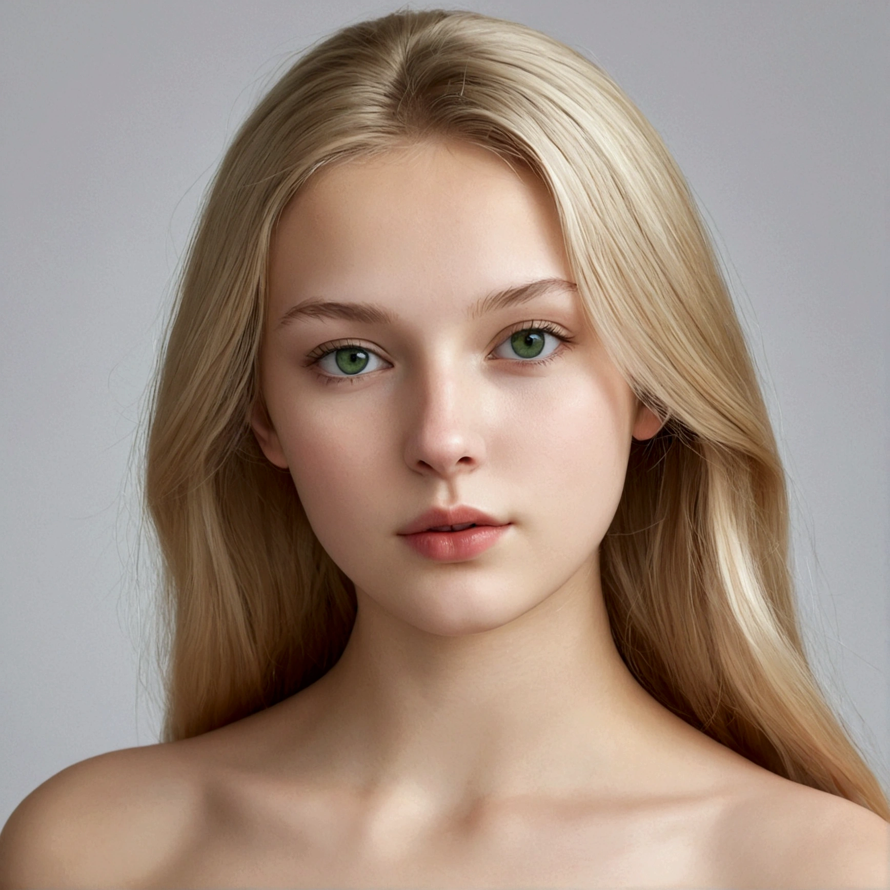 hyperrealistic, 18-year-old girl, Russian, blonde, green-grey eyes, transparente white skin, small lips, round nose, thin face. realistic, long legs, sexy photo, bare shoulder, sexy, medium breasts, nude, nude, medium breasts