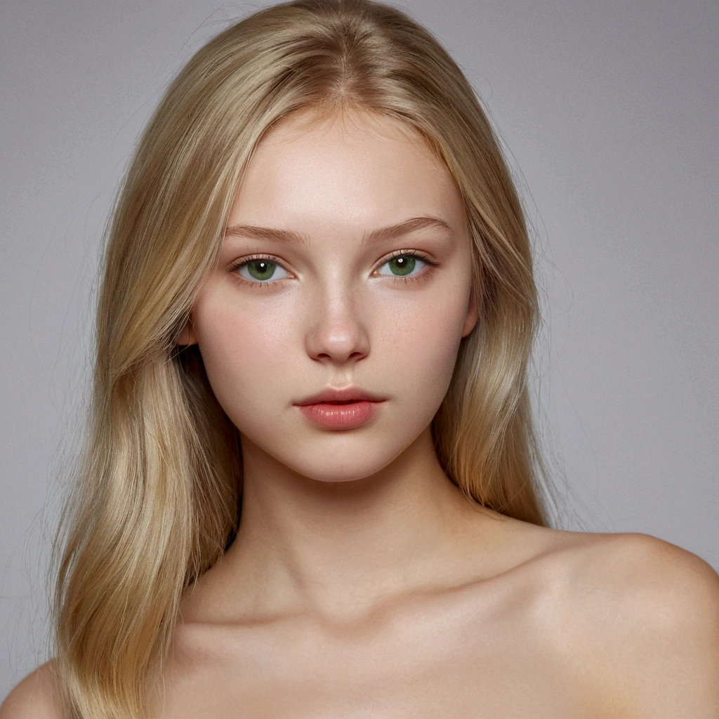hyperrealistic, 18-year-old girl, Russian, blonde, green-grey eyes, transparente white skin, small lips, round nose, thin face. realistic, long legs, sexy photo, bare shoulder, sexy, medium breasts, nude, nude, medium breasts