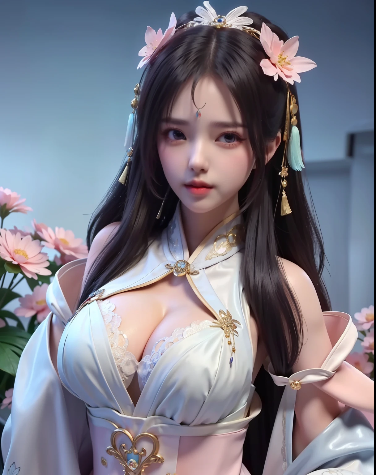 (8k, RAW photo:1.2), best quality, ultra high res,dramatic angle,(fluttered detailed color splashs), (illustration),(((1 girl))),(long hair),(rain:0.9), (Headdress:1.4),There is an ancient palace beside the girl,Hanfu,(Key Points),Color ink painting,(Splash of Color),Splash of Color,(((colorful))),(sketch:0.8) , Masterpiece, best quality, beautiful painted, highly detailed,(denoising:0.6),[splash ink],((ink refraction)), (beautiful detailed sky),moon,highly,detaild,(masterpiece, best quality, extremely detailed） CG Unity 8k Wallpaper，masterpiece，best quality，Ultra Detailed），（Lycoris）. hanfu open v open V-chested clothes Thin silk lace dress , (huge ，),, white pinkand gren，best qualtiy，tmasterpiece，Ultra-high resolution，（Reality：1.4），RAW photogr，（True skin texture：1.3），（filmgrain：1.3），（Selfgle），1个Giant Breast Girl，Bul eye and face details，tmasterpiece，Best quality at best，，The chest more exposed， detailed hair, bra pink , detail 8k, upper body, lace petticoat