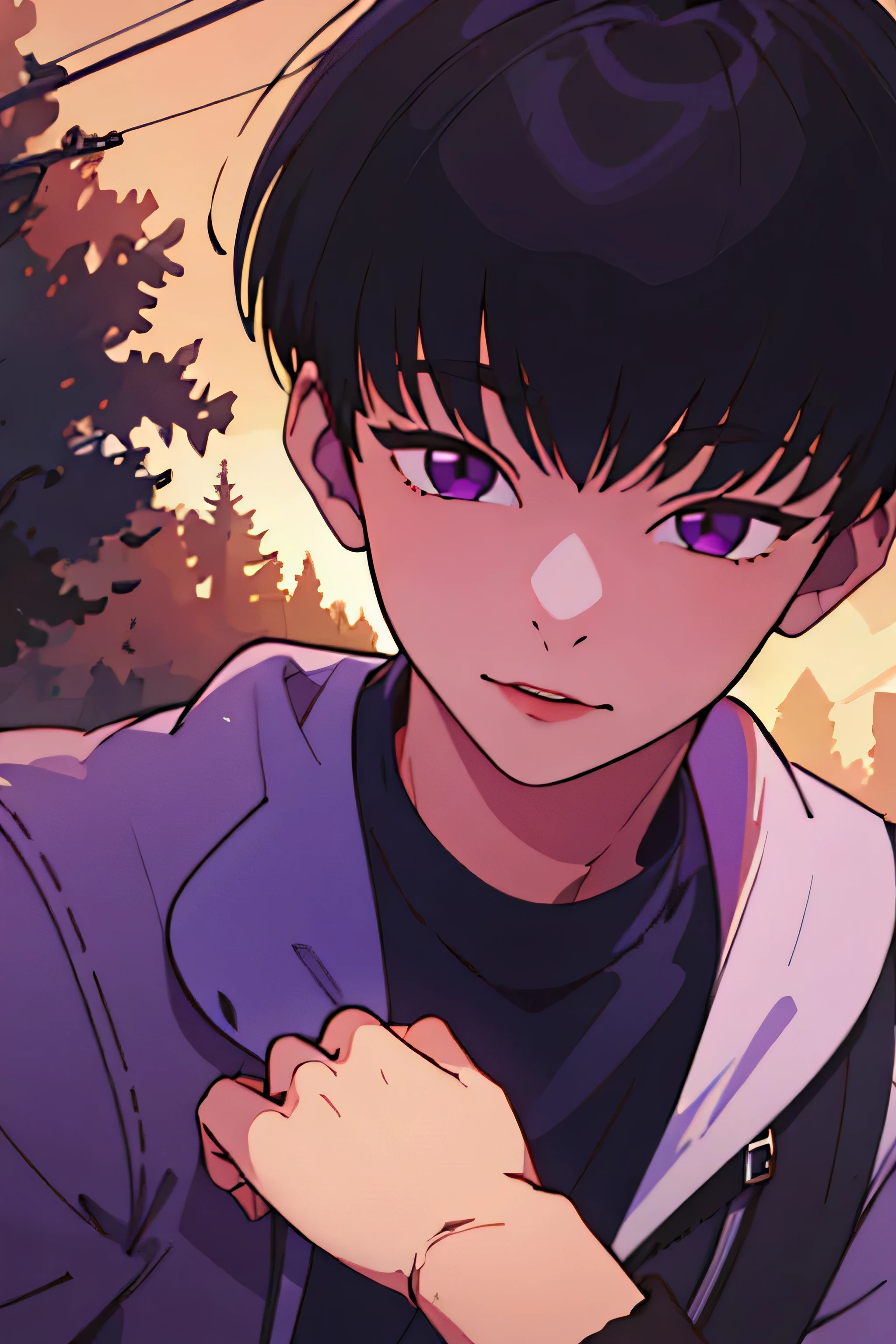 (best quality:1.1), (masterpiece:1.4), illustration, , , , ligne claire, (semi-realistic:1.4), 1boy, solo, male focus, mutsuki_naito, black hair, purple eyes, short hair, bangs, , ,
