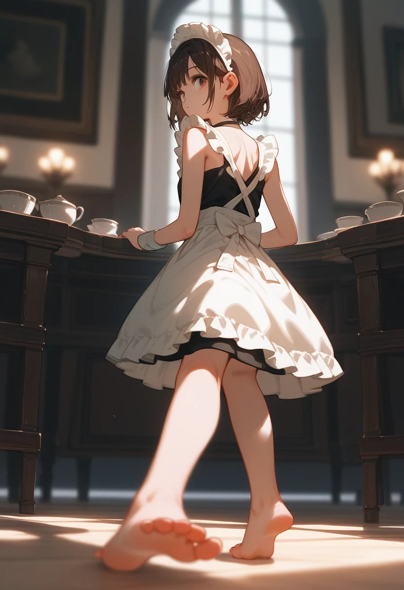 (Fraction_9,Fraction_8_Direction_7_up,),1 Girl,Solitary,maid,maid headdress,Looking at the audience,apron,Brown hair,indoors,Black Hair,barefoot,Foot Focus,Two feet,From the back,Depth of Field,Showing belly，Bare shoulders