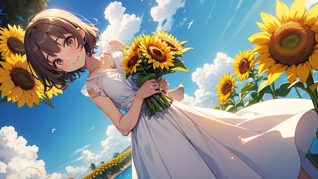  master piece, best quality, for below, cinematic angle, upper body , pigeon toed,  
Anime-style Moe illustration, summer vacation theme, 20-year-old woman holding a bouquet of sunflowers, short hair, summer dress, slightly inner thighs, smile, accurate drawing