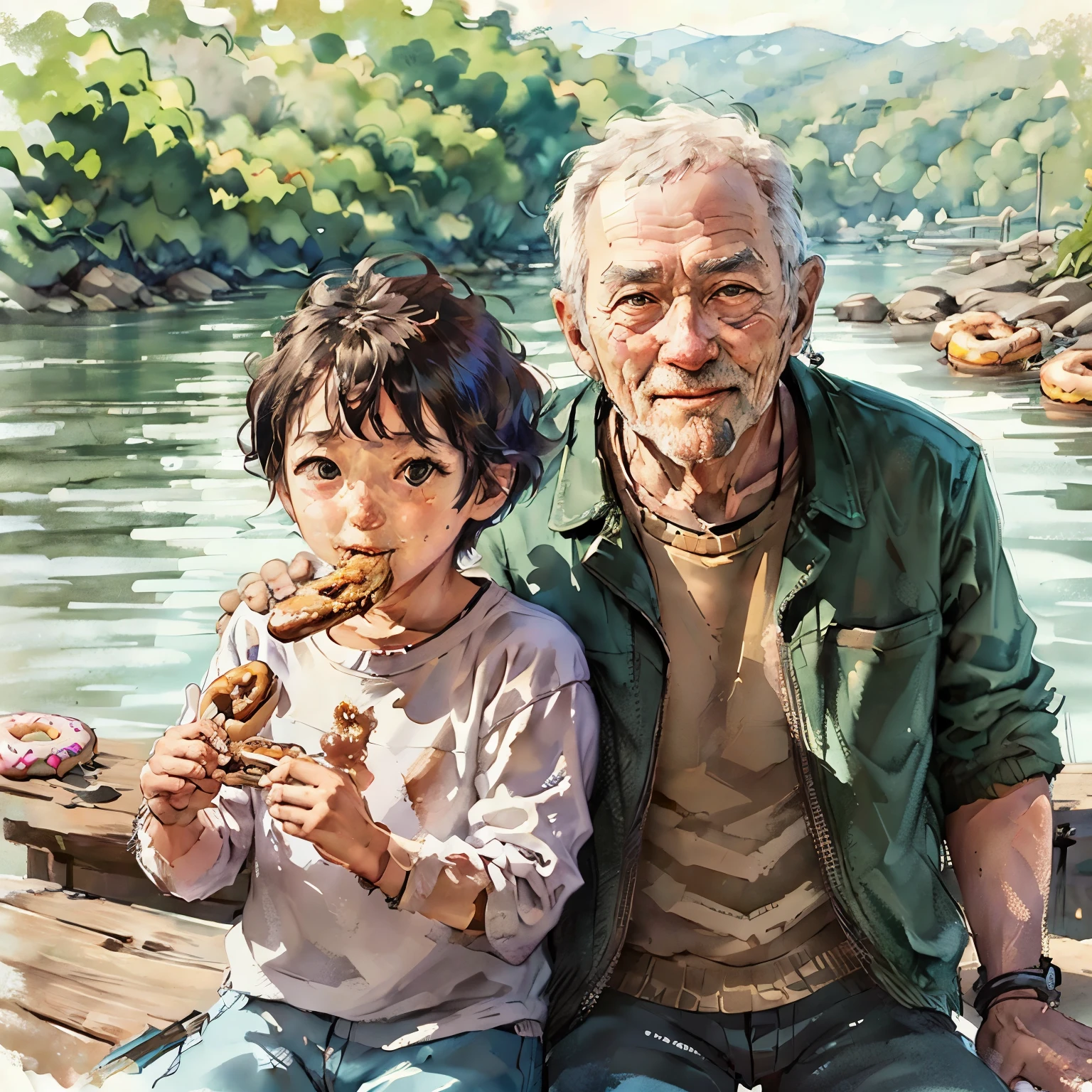 face close up image, old man and grandchild, (eating donuts:1.5),(holding donuts:1.5), smiling, sitting on wood,  the calm sea, the calm waves, the clear sky, the memories,
