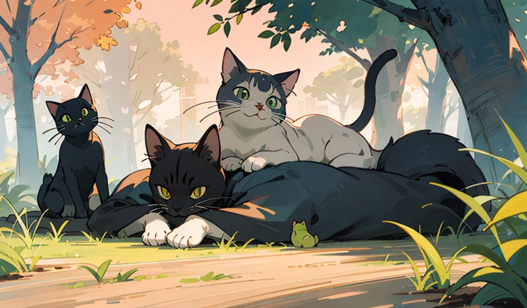 The image shows three cats in a natural outdoor setting, with foliage and trees in the background.
Cat on the left: White with brown and black markings, lying on the ground looking up.
Cat in the middle: Black with white paws, lying down on a tree branch.
Cat on the right: Light brown and cream colored, also lying on the ground looking up at the black cat. This cat has a small green frog on its head.
The soft lighting suggests that it could be dawn or dusk.