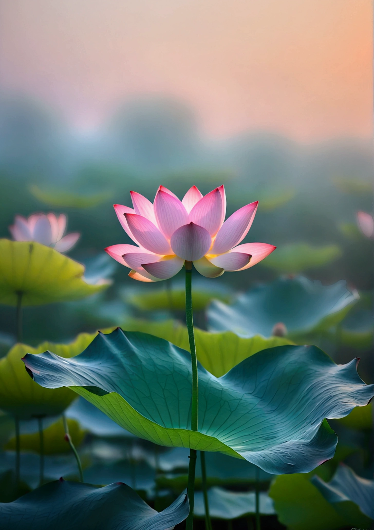 A very beautiful lotus close-up，Background is sunset and fog，Background blur，Real photography,Fresh and natural picture，best quality, high resolution