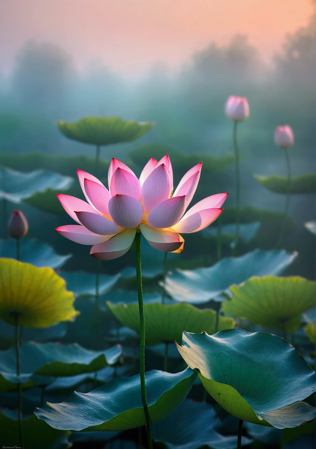A very beautiful lotus close-up，Background is sunset and fog，Background blur，Real photography,Fresh and natural picture，best quality, high resolution
