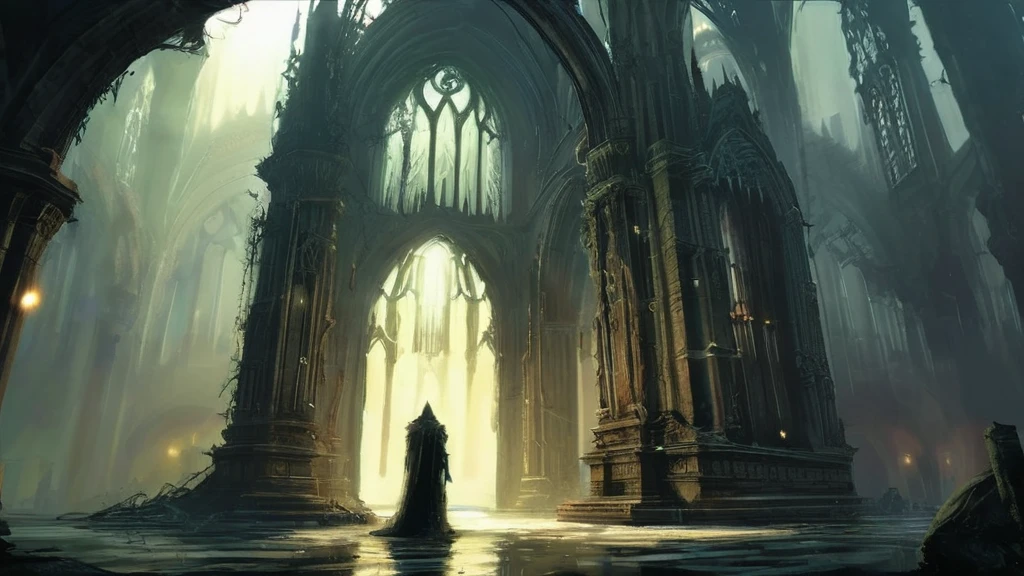 From the back view, a light dwarf stands solemnly in the shadowy expanse of an ancient, gothic cathedral. The dwarf, clad in dark, intricately designed armor with an ethereal, faint glow, looks up at the cathedral's crumbling arches and weathered stained glass windows, which filter in dim, eerie light. The massive stone pillars and fractured statues loom ominously in the gloom, draped in creeping vines and covered in a layer of dust and cobwebs. The air is thick with a sense of ancient magic and foreboding. Shadows dance across the cold, uneven stone floor as the faint glow from the dwarf's armor flickers against the dark, oppressive walls. A haunting silence pervades, broken only by the occasional distant, echoing sound of dripping water, adding to the cathedral's mysterious and unsettling atmosphere."