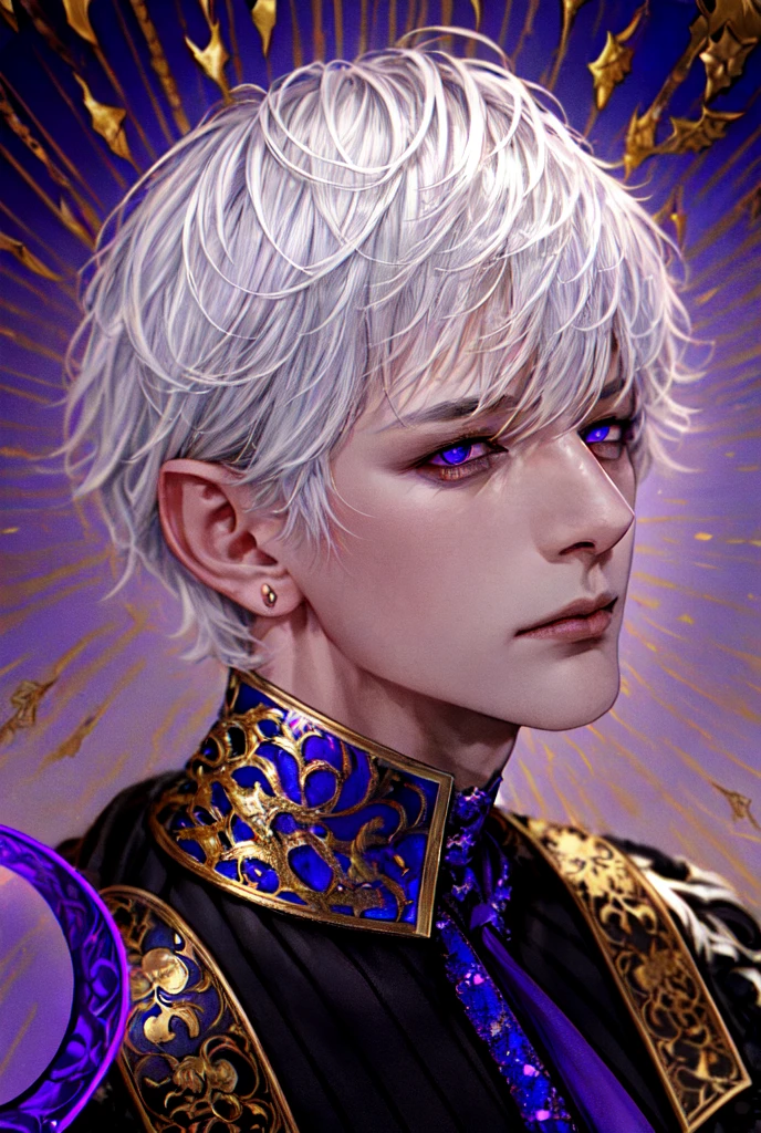 (masterpiece, best quality, ultra-detailed, best shadow), (detailed background,dark fantasy), (handsome detailed face), high contrast, (best illumination, an extremely delicate and beautiful), ((cinematic light)), colorful, hyper detail, dramatic light, intricate details, (1male, solo,white hair, sharp face,purple eyes, hair between eyes,dynamic angle), blood splatter, swirling black light around the character, depth of field,black light particles,(broken glass),magic circle,
