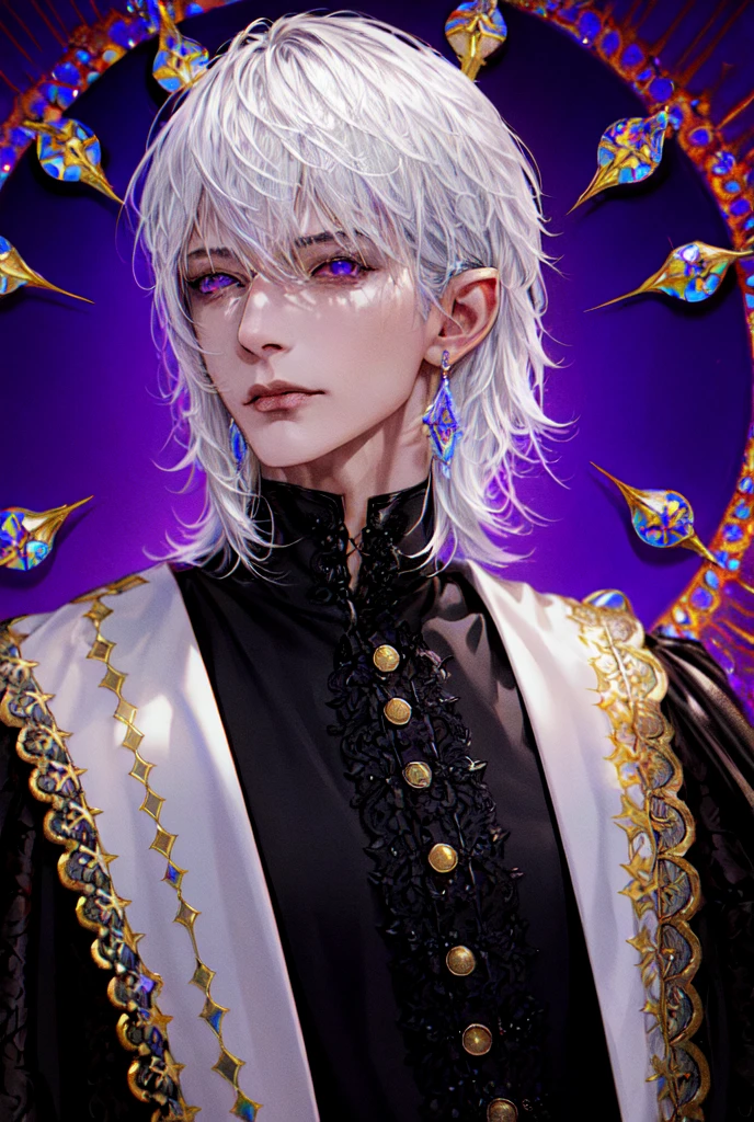 (masterpiece, best quality, ultra-detailed, best shadow), (detailed background,dark fantasy), (handsome detailed face), high contrast, (best illumination, an extremely delicate and beautiful), ((cinematic light)), colorful, hyper detail, dramatic light, intricate details, (1male, solo,white hair, sharp face,purple eyes, hair between eyes,dynamic angle), blood splatter, swirling black light around the character, depth of field,black light particles,(broken glass),magic circle,