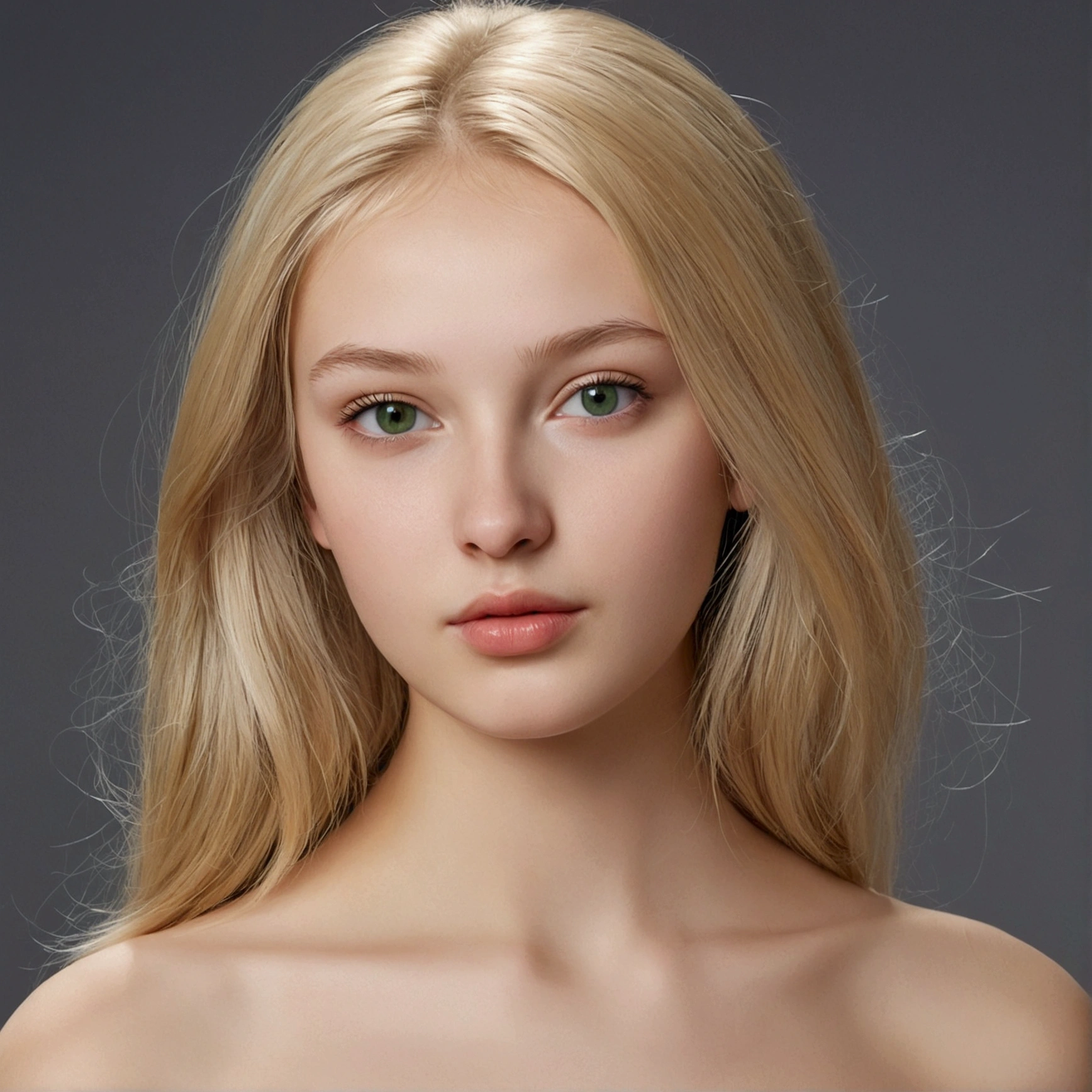 hyperrealistic, 18-year-old girl, Russian, blonde, green-grey eyes, transparente white skin, small lips, round nose, thin face. realistic, long legs, sexy photo, bare shoulder, sexy, medium breasts, nude, nude, medium breasts