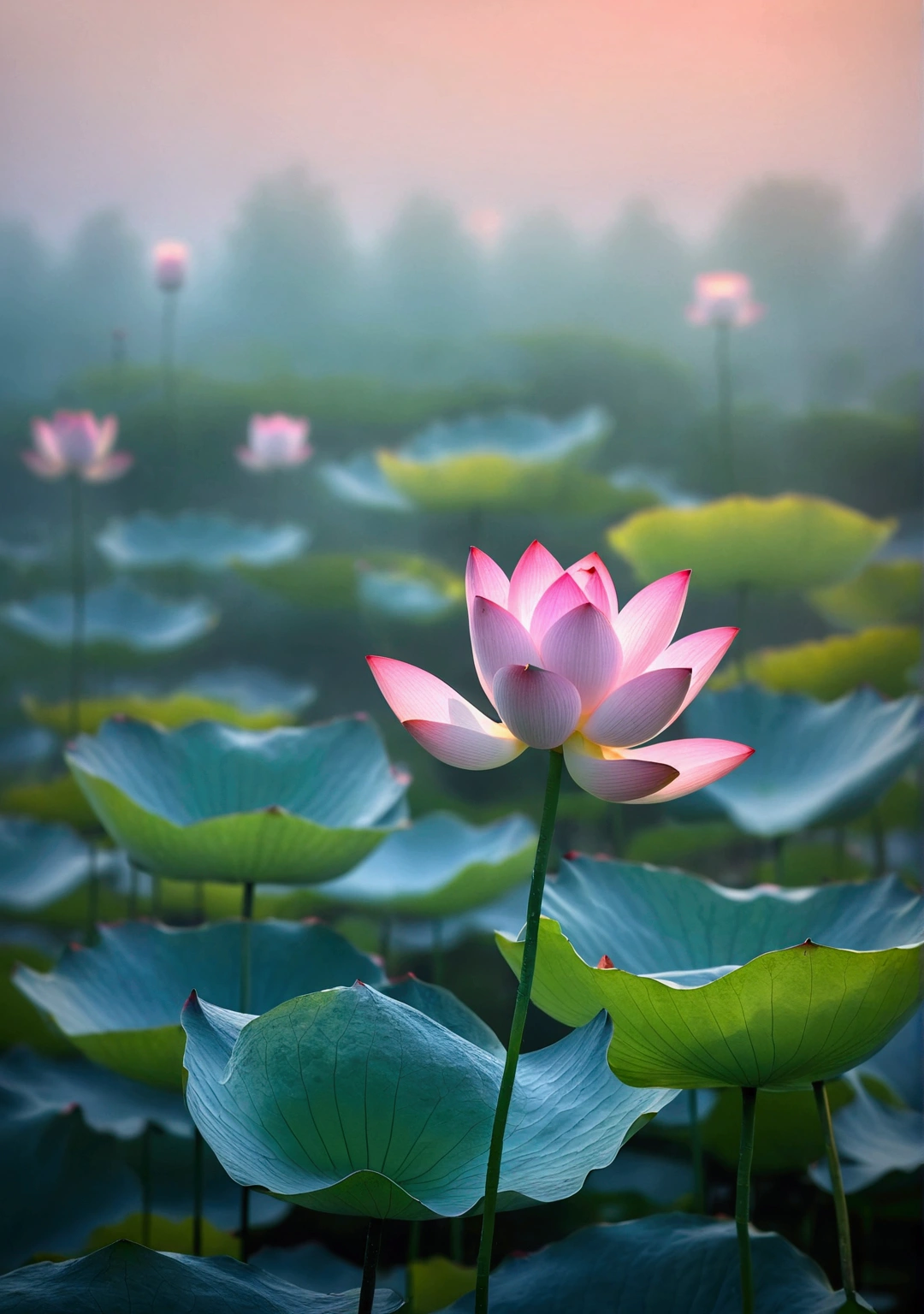 A very beautiful lotus close-up,Background is sunset and fog,Background blur,Real photography,Fresh and natural picture,best quality, high resolution