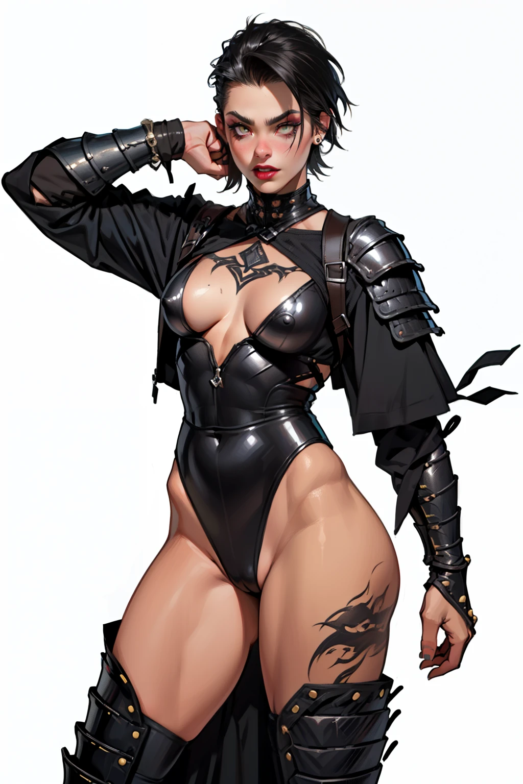 (high resolution, pixel perfect, gorgeous illustrations), (hyper quality, muste piece, etheric: 1.4), ((nsfw)), cowboy shot, face focus, ((1girl)), boyish, (((age girl))), ((((punk)))), hot Rocker punk girl, cheeky girl, ((((open stance)))), cool atmosphere, black hair, ((((very_short_hair, slicked_back_hair)))), (piercing), eyelid_piercing, nose_piercing, yellow eyes, ((Exquisite face)), angry, (black_lips), (gothic_makeup), tattoo, (((muscular_female))), (thick thighs, wide hips, small breasts), fighter, (((wh_chi_armor))), ((highleg_leotard_armor see_through)), ((cameltoe)), shiny skin, gleaming skin, simple background,