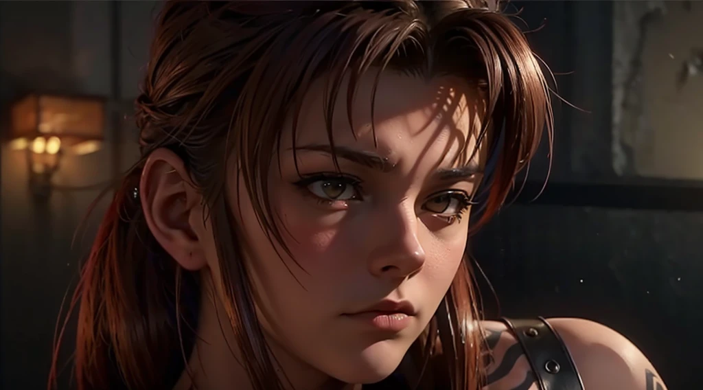 Revy from black lagoon, nude, neon lights, The artwork is rendered in an edgy and realistic style, with high attention to detail and sharp focus. The colors are vivid and contrasted, with a slight desaturation to create a moody atmosphere. shadowy highlights enhancing the overall composition. The medium used is a digital illustration, with a touch of photo-realistic elements to add depth and texture to the image. The final result is a masterpiece in ultra-high resolution,