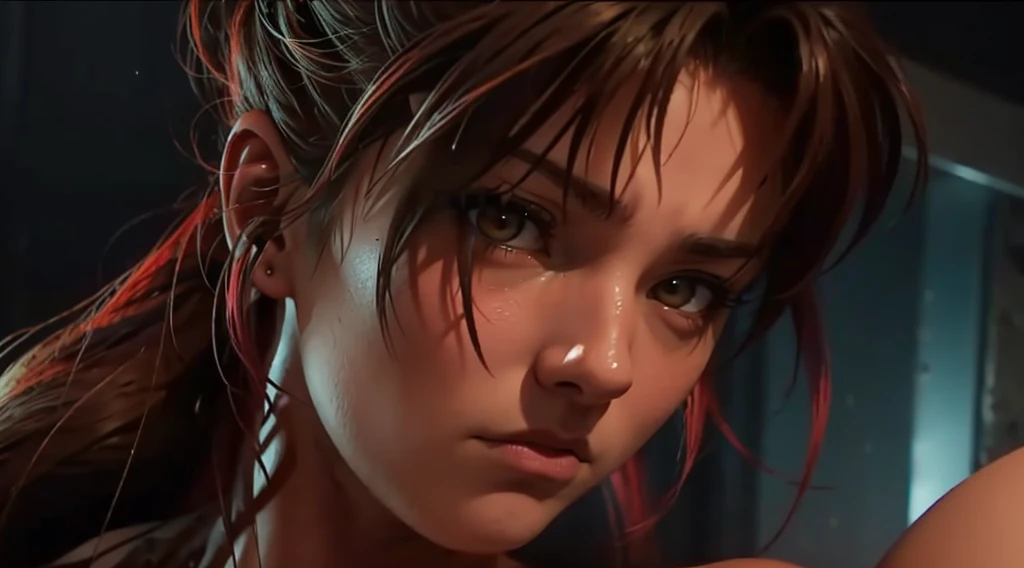 Revy from black lagoon, nude, neon lights, The artwork is rendered in an edgy and realistic style, with high attention to detail and sharp focus. The colors are vivid and contrasted, with a slight desaturation to create a moody atmosphere. shadowy highlights enhancing the overall composition. The medium used is a digital illustration, with a touch of photo-realistic elements to add depth and texture to the image. The final result is a masterpiece in ultra-high resolution,