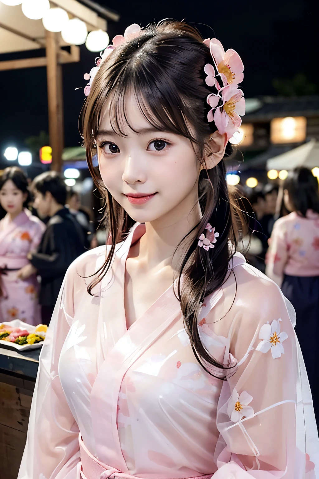 Transparent yukata、(One young girl)、Very cute face、Great face and eyes、(Highly detailed eyes、Highly detailed face)、Fresh、Very beautiful appearance、(超Realistic、High resolution)、(Highest quality:1.4)、Raw photo、(Realistic、Photorealistic:1.37)、Professional photos、(A pale pink transparent floral yukata that reveals a little skin:1.5)、(Open yukata)、(Cleavage:1.2)、(Exposed shoulders)、Smile slightly、(Staring at me)、(((A crowded food stall at night)))、Girl portrait、