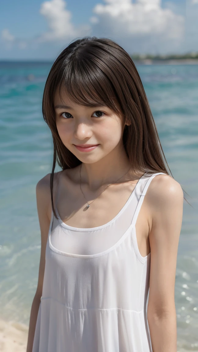 ((Detailed and realistic faces)), (), (Baby Face:1. (Small and thin body), (Small breasts), Beach, (nude), Long Hair, BREAK, (Brown Hair), BREAK, (smile), Shaved, (Raise your legs), 