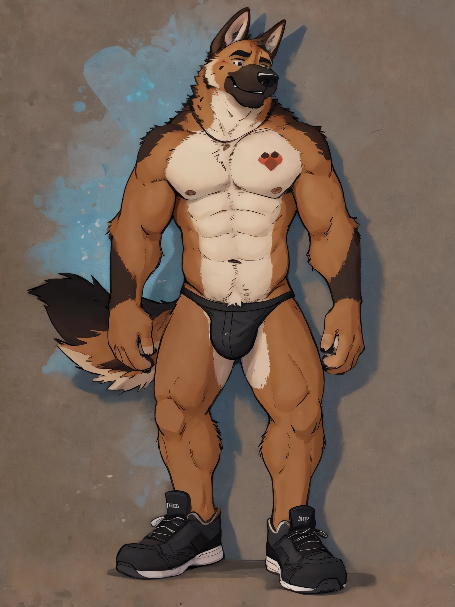 Anthro, solo, realistic, blush, anthropomorphic, abs, muscular 30 year old adult male furry German shepherd with tail, muscular body, thong, sexy, underwear, plantigrade, shoes, abs, furry tail furry, tan and liver body fur, (flat colors:1.2), (by adios, by k-9, by paintfox:.8), by delirost, by tritscrits, (detailed fur, detailed fur texture:0), (masterpiece, best quality, high quality, highres, ultra-detailed)