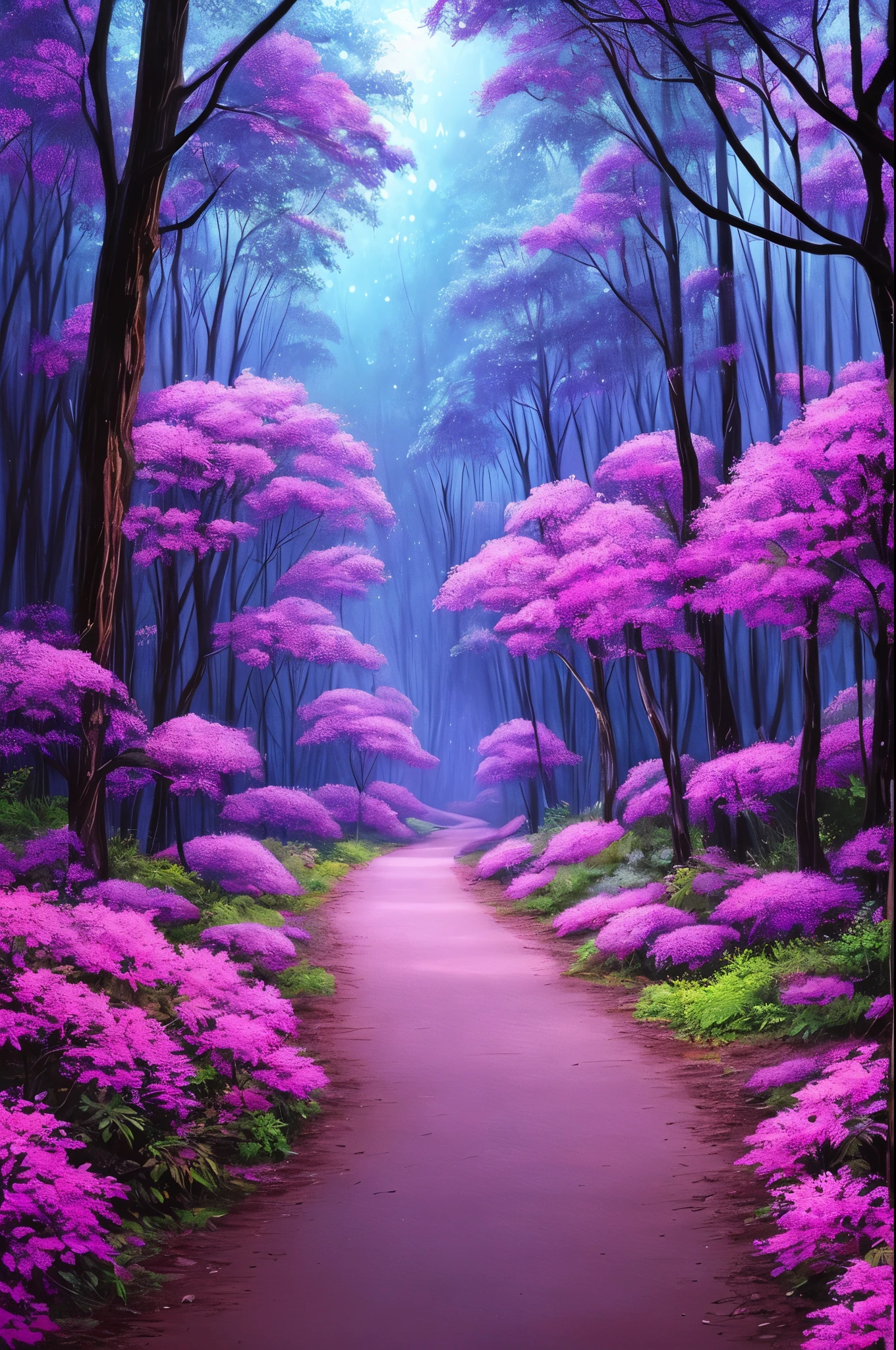 painting of a path in a forest with purple flowers, glowing forest, beautiful lush colors, forest colors, dark neon colored rainforest, magical colors and atmosphere, magical colours and atmosphere, really beautiful forest, magical forest, magical forest in the background, incredible colors, bioluminescent forest floor, amazing colors, neon lights lots of trees, blue forest, magic forest