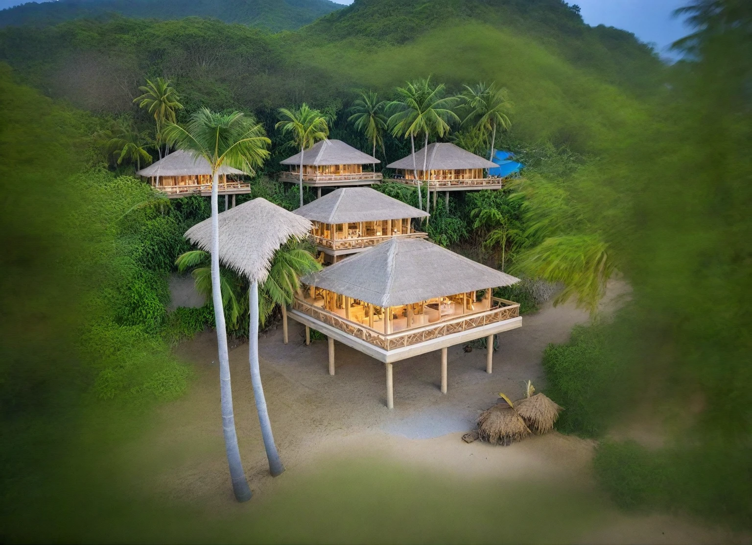 headquarter of Local caft Resort , there is a thatched hut on the beach with chairs and tables, beach bar, (bamboo column), in a beachfront environment, bamboo huts, beach setting, wonderful masterpiece, restaurant in background, inspiring, thatched roof, un restaurant avec une terrasse, tropical location, thatched roofs, exterior shot, pavilion, awe - inspiring award - winning, vincent callebaut Rural house in sounth Vietnam, (day:1.1), coconut tree, tree in sounth Vietnam, tropical plants, light interior, warm lighting, blue sky, bokeh, soft light effects, morning mist, serene mood Raw photo,Masterpiece, high quality, best quality, authentic, super detail,