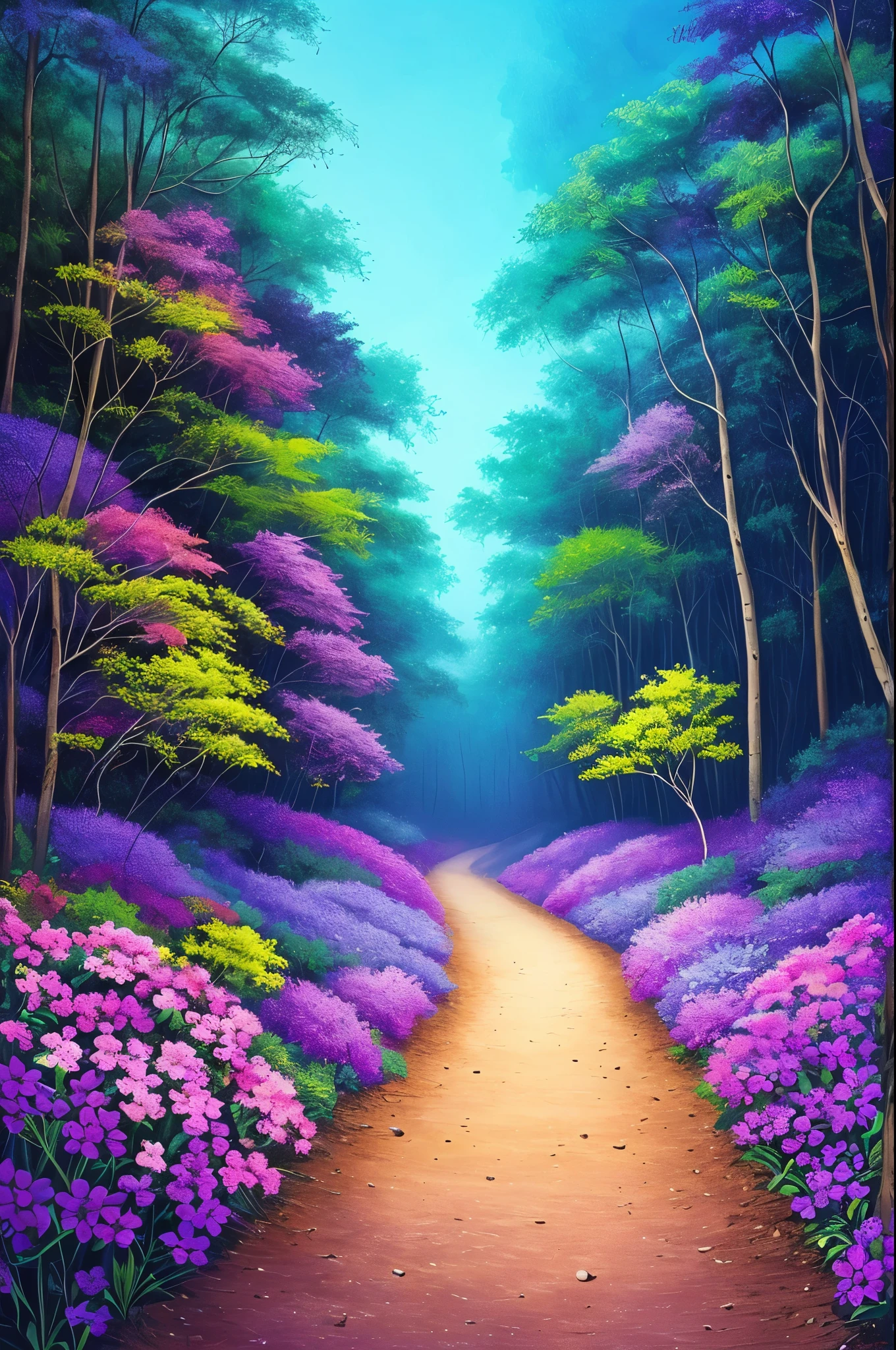 painting of a path in a forest with purple flowers, glowing forest, beautiful lush colors, forest colors, dark neon colored rainforest, magical colors and atmosphere, magical colours and atmosphere, really beautiful forest, magical forest, magical forest in the background, incredible colors, bioluminescent forest floor, amazing colors, neon lights lots of trees, blue forest, magic forest