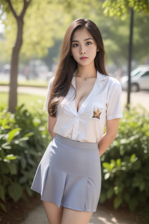 1girl, , indonesian women (uniform_doodle), standing, outdoors, detailed face, detailed eyes, huge breasts, open cleavage, tight shorts grey skirt, indonesian face, looking at the audience,(8k, RAW photo, best quality, masterpiece: 1.2), (realistic, realistic: 1.37), ultra-high resolution