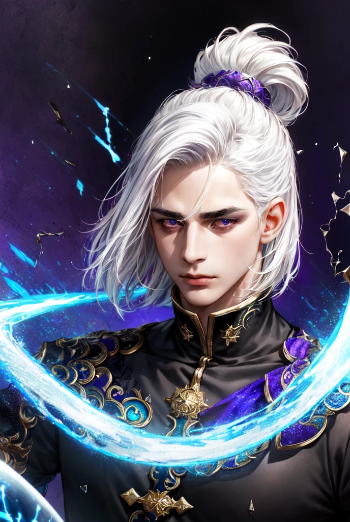 (masterpiece, best quality, ultra-detailed, best shadow), (detailed background,dark fantasy), (handsome detailed face), high contrast, (best illumination, an extremely delicate and beautiful), ((cinematic light)), colorful, hyper detail, dramatic light, intricate details, (1male, solo,white hair, sharp face,purple eyes, hair between eyes,dynamic angle), blood splatter, swirling black light around the character, depth of field,black light particles,(broken glass),magic circle,