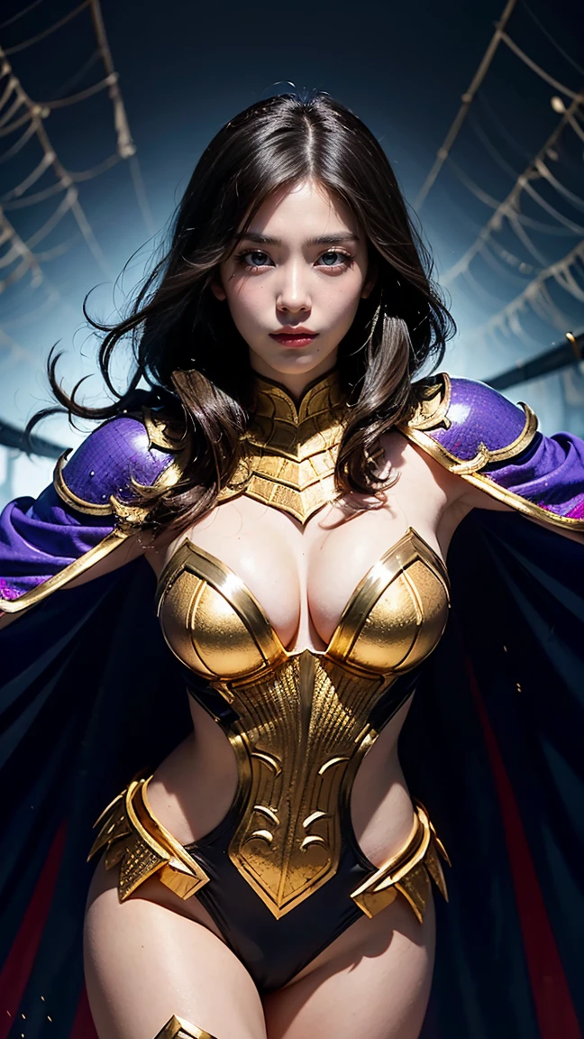 "Imagine Elise from League of Legends in her Victorious skin, massive k-cups,adorned in regal, gold and blue armor with a majestic cape. Capture the moment she activates her Spider Form's Skittering Frenzy, surrounded by shimmering, victorious light as she and her spiderlings attack ferociously.