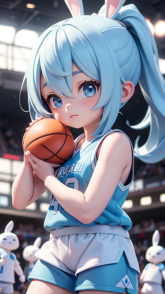 Highest quality、masterpiece、Official Art、The best configuration、Very detailed、Chibi 3D Figures、The girl has light blue eyes、Hairstyle: Ponytail、white and light blue gradation hair color、Bunny ears on head、Light blue basketball uniform、Light blue shorts、Realistic basketball in hand