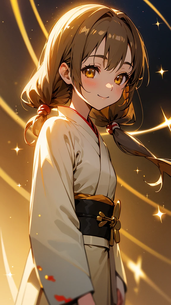 Ghibli style、Asuna, masterpiece, Highest quality, detailed, (One girl), alone, detailed golden eyes, Shoulder-length hair、Are standing, Close to the audience, (detailed kimono), A light smile, Medium chest, Beautiful dresoonlit Night、(hair ornaments), 、Brown Hair, Twin tails, Smiling portrait,Sparkle Effect, Sparkle Effect, 3D Rendering,