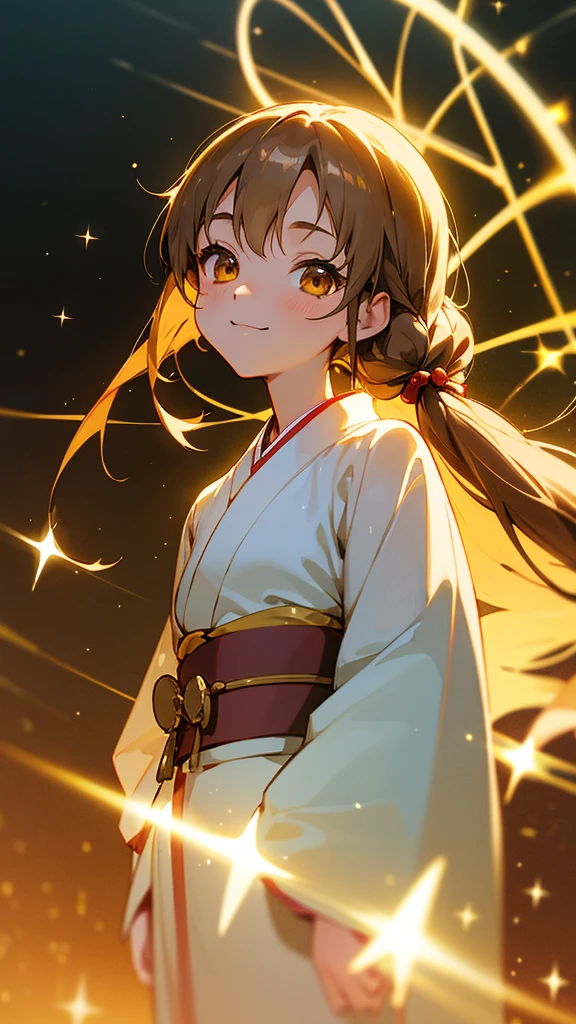 Ghibli style、Asuna, masterpiece, Highest quality, detailed, (One girl), alone, detailed golden eyes, Shoulder-length hair、Are standing, Close to the audience, (detailed kimono), A light smile, Medium chest, Beautiful dresoonlit Night、(hair ornaments), 、Brown Hair, Twin tails, Smiling portrait,Sparkle Effect, Sparkle Effect, 3D Rendering,