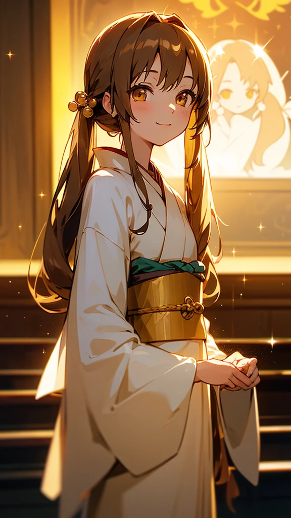 Ghibli style、Asuna, masterpiece, Highest quality, detailed, (One girl), alone, detailed golden eyes, Shoulder-length hair、Are standing, Close to the audience, (detailed kimono), A light smile, Medium chest, Beautiful dresoonlit Night、(hair ornaments), 、Brown Hair, Twin tails, Smiling portrait,Sparkle Effect, Sparkle Effect, 3D Rendering,