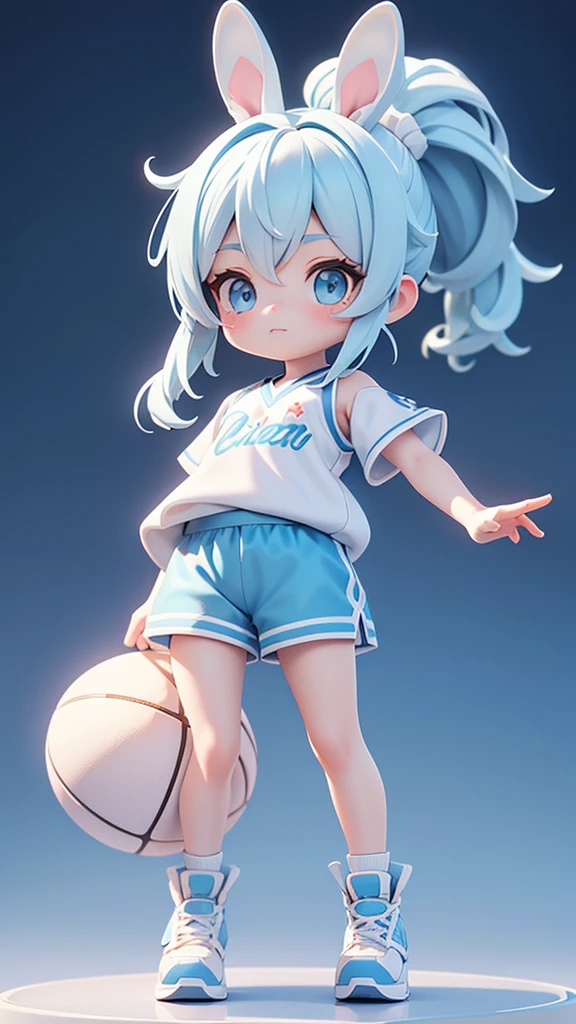 Highest quality、masterpiece、Official Art、The best configuration、Very detailed、Chibi 3D Figures、The girl has light blue eyes、Hairstyle: Ponytail、white and light blue gradation hair color、Bunny ears on head、Light blue basketball uniform、Light blue shorts