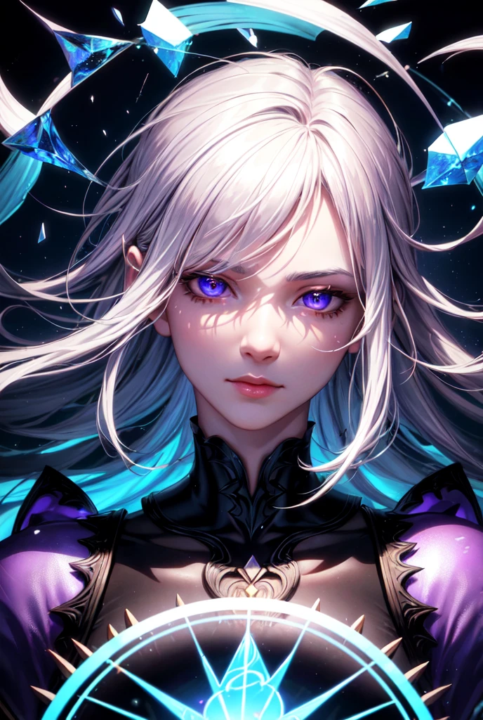 (masterpiece, best quality, ultra-detailed, best shadow), (detailed background,dark fantasy), (handsome detailed face), high contrast, (best illumination, an extremely delicate and beautiful), ((cinematic light)), colorful, hyper detail, dramatic light, intricate details, (1male, solo,white hair, sharp face,purple eyes, hair between eyes,dynamic angle), blood splatter, swirling black light around the character, depth of field,black light particles,(broken glass),magic circle,